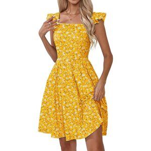 Women's Summer Dresses Casual Square Neck - Yellow Floral